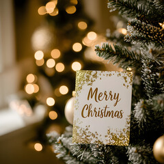 "Merry Christmas" card with golden lettering propped up against a beautifully decorated Christmas tree during the afternoon, taken with a mirrorless camera using a 50mm lens, warm natural lighting