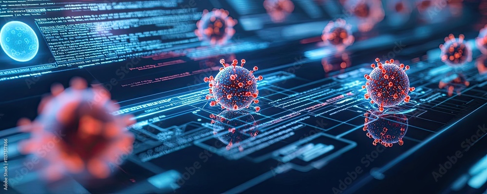 Poster Cancer cells idea. Microscopic view of digital viruses on a futuristic tech background.