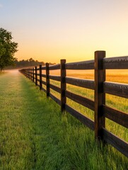 Obraz premium Morning Dew on Trails by a Rustic Fence in Nature's Embrace