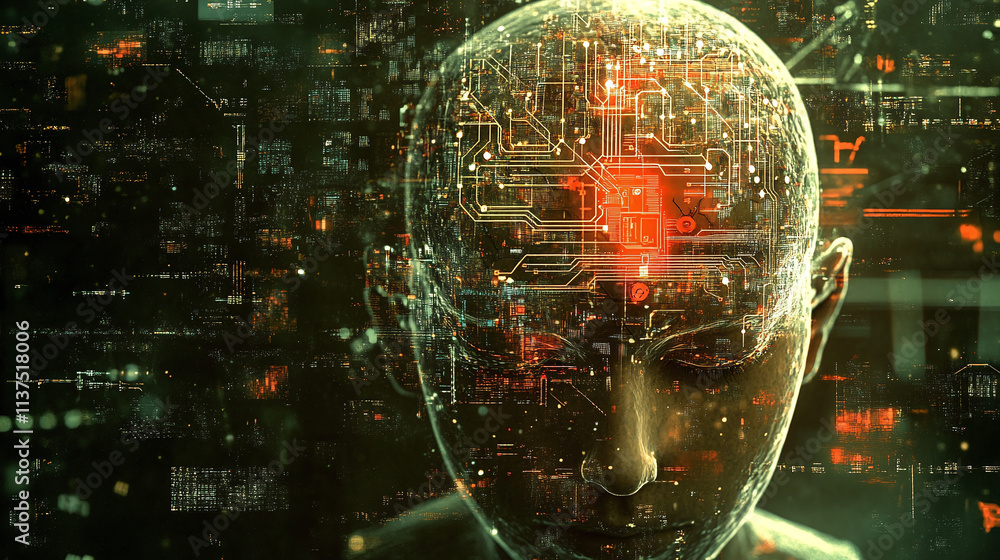Aufkleber an android's head with closed eyes, surrounded by digital elements and circuits.