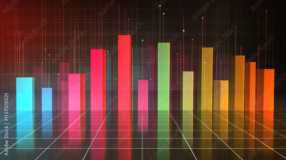 Fototapete colorful bar graph representation of data with reflections on surface