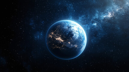 the planet Earth, visible from space. The Earth is surrounded by a dark outer space with many stars.