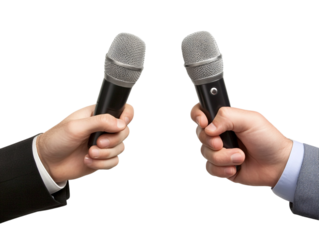 A journalist's hand holding a microphone isolated against a transparent background, ideal for media-related content, interviews, or news reporting themes.