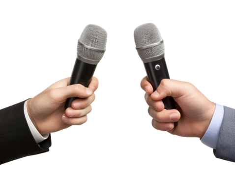 A journalist's hand holding a microphone isolated against a transparent background, ideal for media-related content, interviews, or news reporting themes.