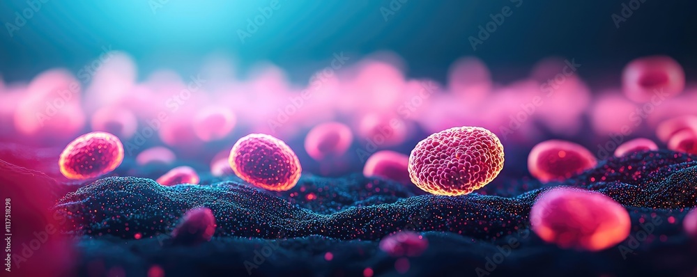 Poster cancer cells idea. vibrant microscopic view of cells with colorful surroundings in an abstract desig