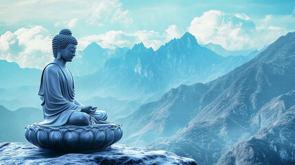 Buddha statue in a serene mountain landscape with tranquil blue tones and digital art intricacies