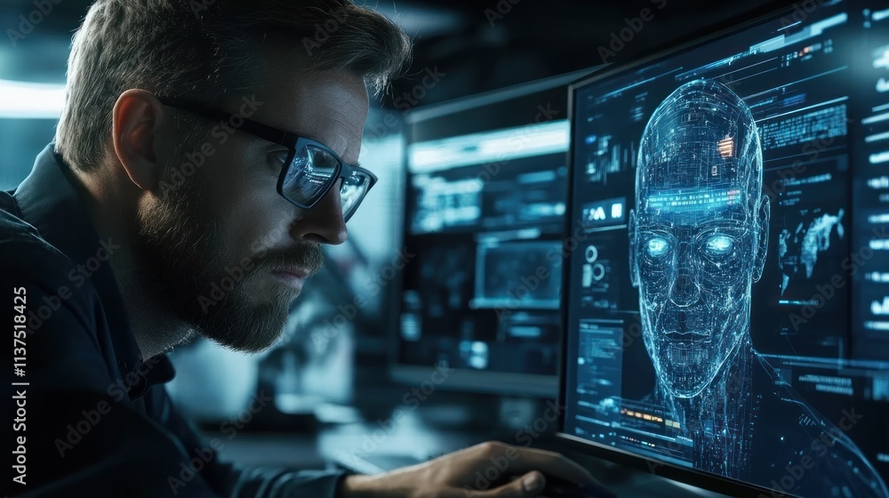Aufkleber man analyzing digital humanoid on computer screen