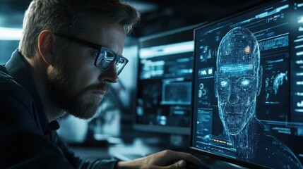 Man analyzing digital humanoid on computer screen