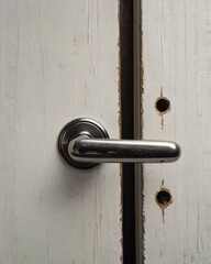 Shiny metal door handle, slightly curved, attached to white-painted old vintage wooden door with visible age marks, peeling paint, textured surface, detailed craftsmanship, evoking charm and nostalgia