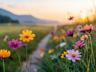 Obraz premium Morning Dew on Trails of Vibrant Flowers Nature Scene Serene Landscape