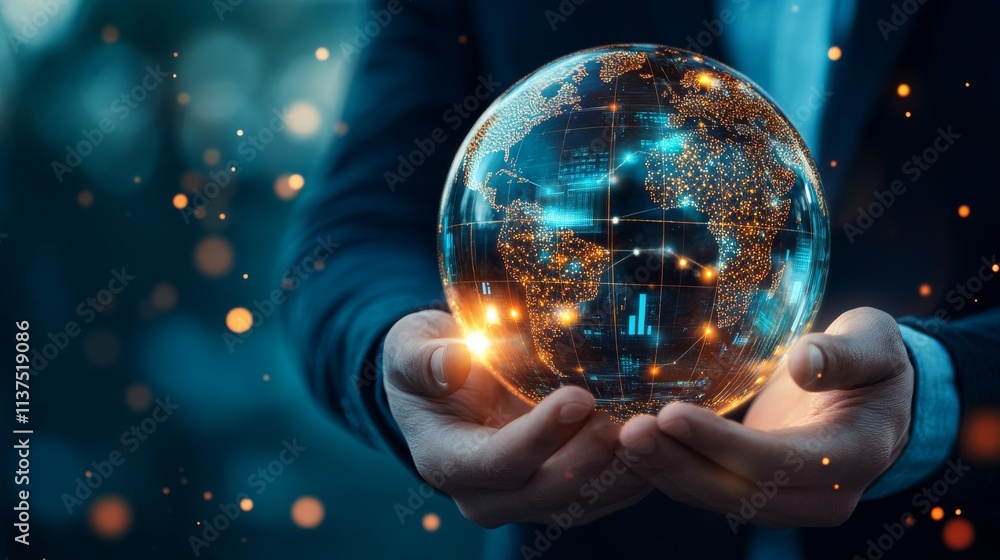 Poster a pair of hands holds a glowing globe with digital overlays, symbolizing global data, technology, an