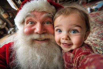 Happy noel, Ñute baby boy joyful with santa claus. Christmas commercial concept visual design artwork shot for marketing material and social apps use. Holiday event photos. Merry xmas banner.