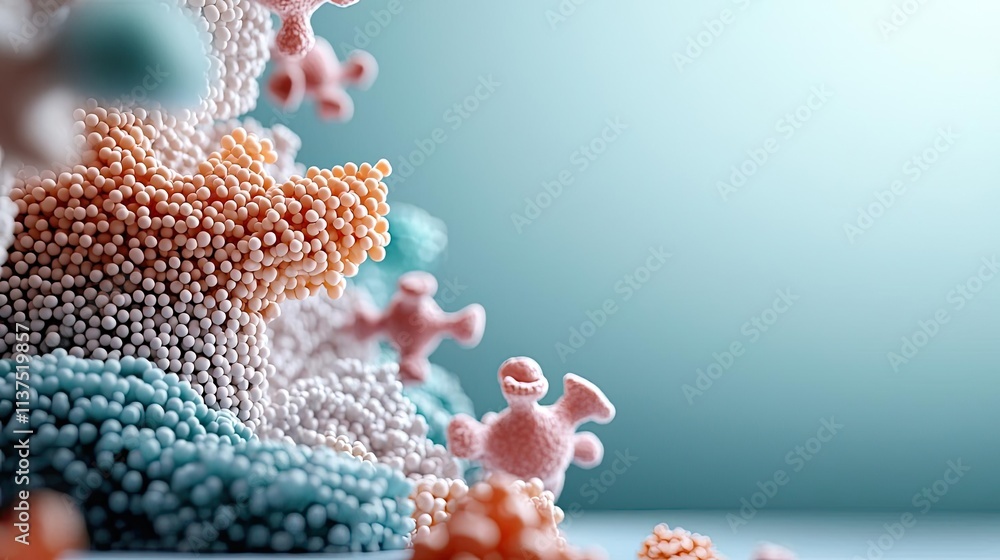 Poster Cancer cells idea. Close-up of colorful molecular structures representing cellular interactions.