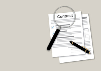 Magnifying glass or magnifier focusing with contract papers and pen on grey background. Illustration for paperwork or agreements document and financial contract. paper cut design style.