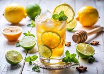 Fototapeta premium Honey Lemon Iced Soda Lime Drink Photography - Refreshing Summer Beverage Image