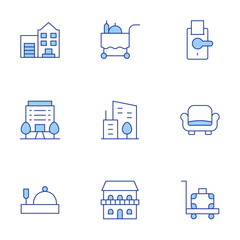 Hotel icons set. Line Duotone style, editable stroke. hotel, room service, city, baggage, building, couch, doorknob