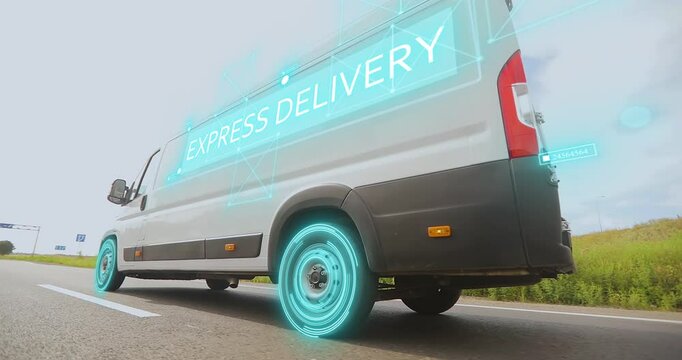 Express delivery using smart logistics. Express delivery of goods by White Delivery Van. Express delivery. White minibus with IOT in delivery