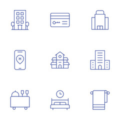 Hotel icons set. Thin Line style, editable stroke. hotel, hotel key, location, room service, sleep, villa, towel