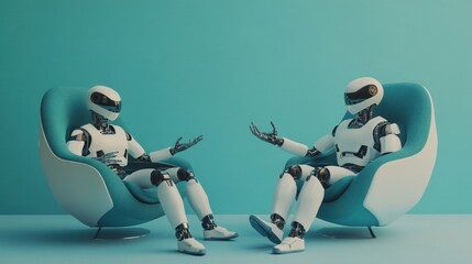 Two robots talk on chairs, teal background.