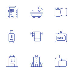 Hotel icons set. Thin Line style, editable stroke. hotel, soap, toilet paper, suitcase, towel