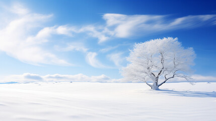 Snowy Winter Landscape with Blue Sky and White Clouds