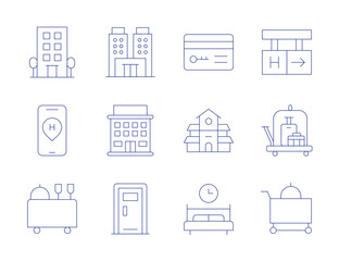 Hotel icons. Thin Line style, editable stroke. hotel, hotel key, location, room service, sleep, villa, luggage cart, room door
