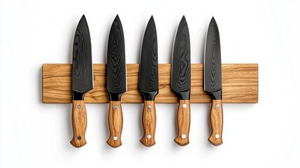 A photostock of a set of sharp kitchen knives with wooden handles, displayed on a white background, perfect for premium cookware promotions, High Quality