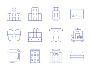 Hotel icons. Thin Line style, editable stroke. hotel, slippers, swimming pool, towel, suitcase, double bed, hotel key, luggage cart