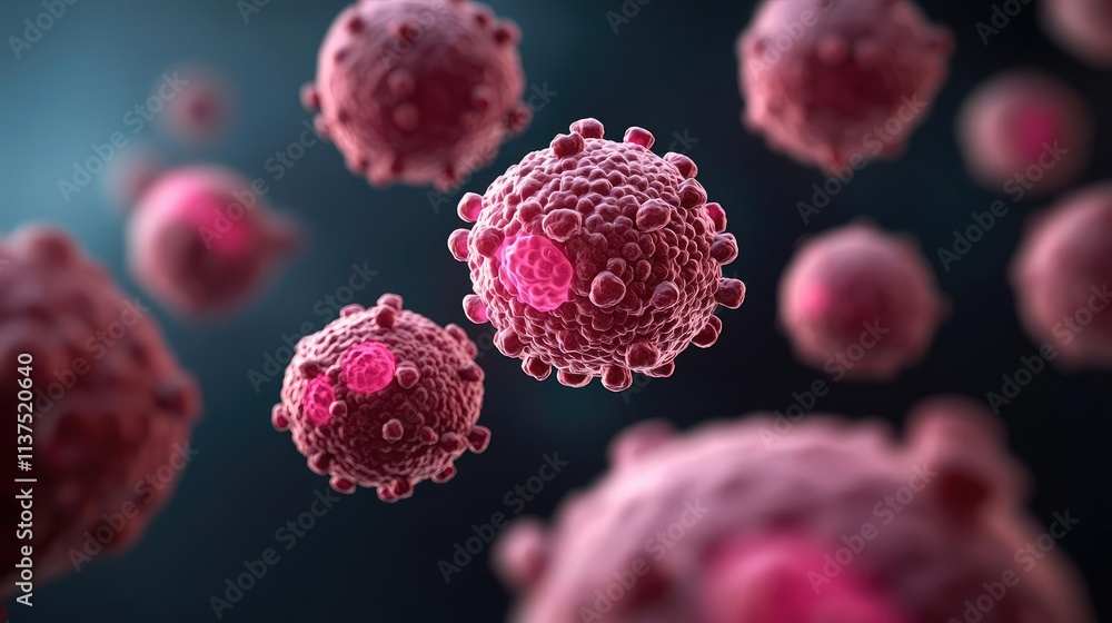 Poster cancer cells idea. close-up view of red virus particles in a vibrant microenvironment.
