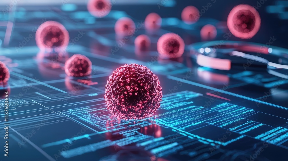 Poster Cancer cells idea. Abstract representation of cells interacting with technology and data visualization.