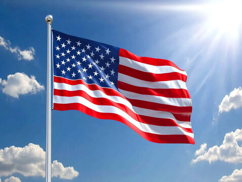 The United States flag waves proudly on a flagpole against a bright blue sky and shining sun.