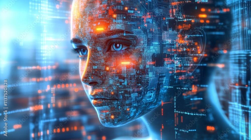Poster a digital representation of a human face overlaid with glowing circuits and futuristic patterns, ble