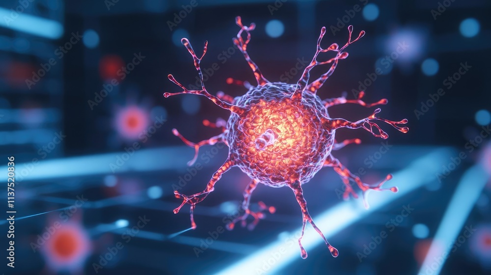 Poster cancer cells idea. 3d rendering of a virus cell in a futuristic, high-tech environment.
