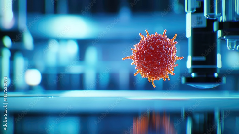 Poster Cancer cells idea. Close-up of a virus model under a microscope in a laboratory setting.