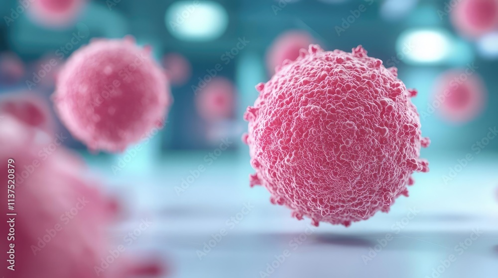 Poster cancer cells idea. close-up view of pink cells in a scientific environment, showcasing cellular stru
