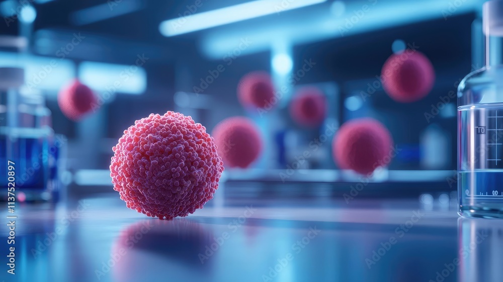 Poster cancer cells idea. close-up view of colorful cells in a laboratory setting with scientific equipment