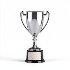 A photostock of a silver trophy cup with an engraved base, isolated on a white background, shiny...