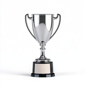 A photostock of a silver trophy cup with an engraved base, isolated on a white background, shiny and victorious, High Quality