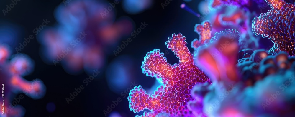 Poster cancer cells idea. colorful depiction of virus particles highlighting their intricate structures.