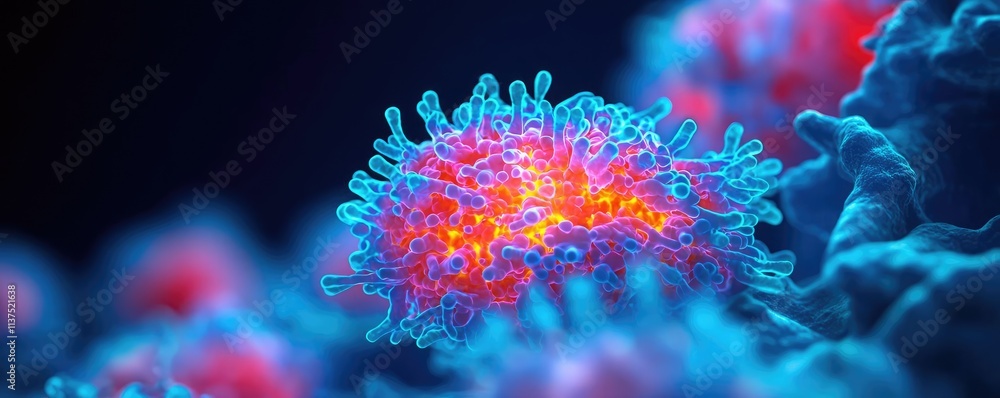 Poster cancer cells idea. colorful microscopic view of a virus showcasing cellular details and structure.