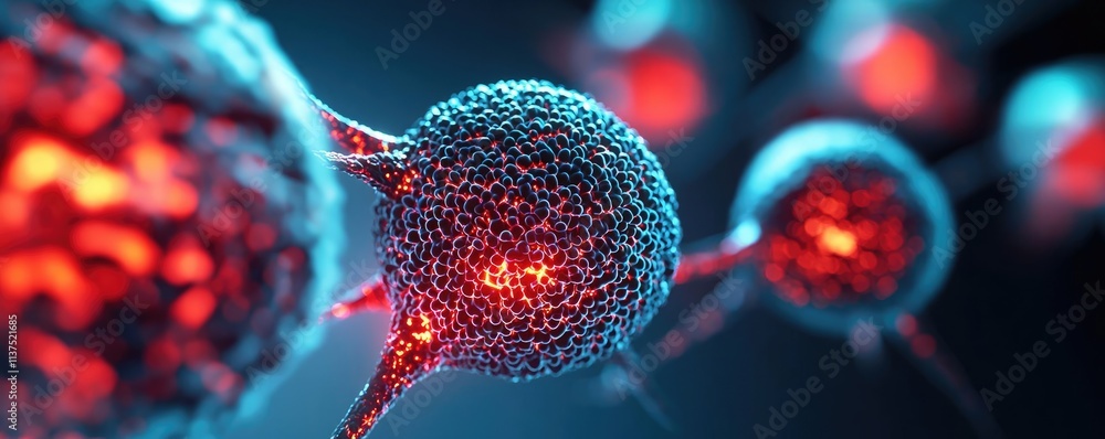 Poster Cancer cells idea. Close-up view of colorful cells showing intricate details and glowing effects.