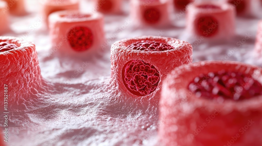Poster cancer cells idea. microscopic view of red blood cells in detailed biological structure and environm