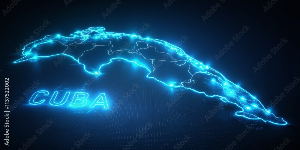 Poster illuminated cuba data map in neon blue light on a modern patterned background, showcasing 3d illustr