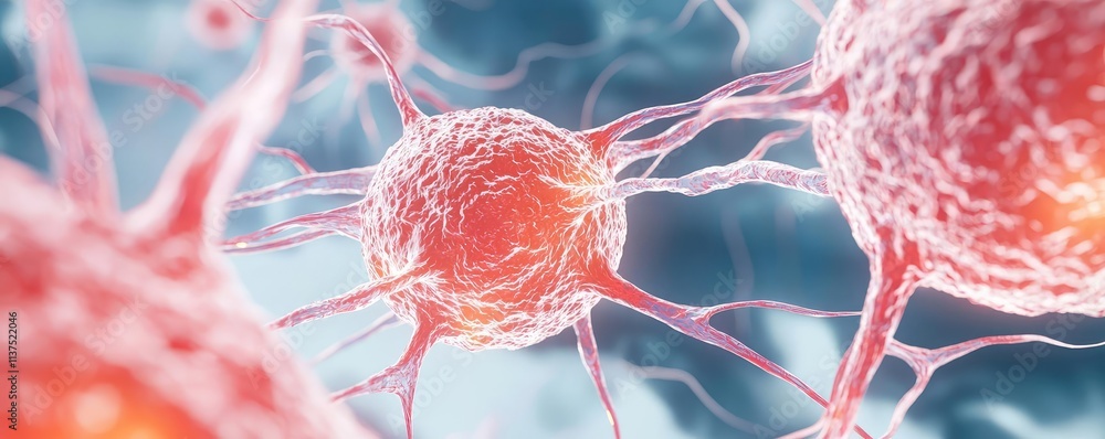 Poster Cancer cells idea. Close-up view of colorful neurons demonstrating complex biological structures.