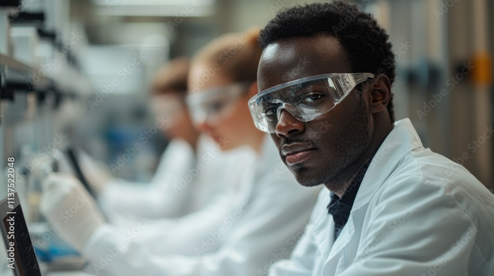 Poster a man wearing a lab coat and goggles is looking at a computer screen