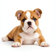Obraz premium A photostock of a bulldog puppy lying on the ground, isolated on a white background, cute and endearing, High Quality