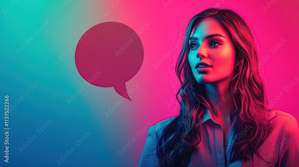 Poster woman with speech bubble on smooth gradient background