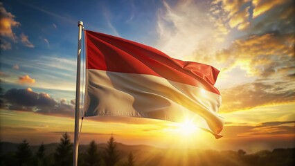 Indonesian Flag Sunset, Waving Merah Putih, Tilt-Shift Miniature, Dramatic Sky, National Pride, Photography