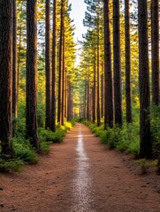 Fototapeta premium Morning Dew Trails Through a Lush Forest Path Enchanting Nature Landscape