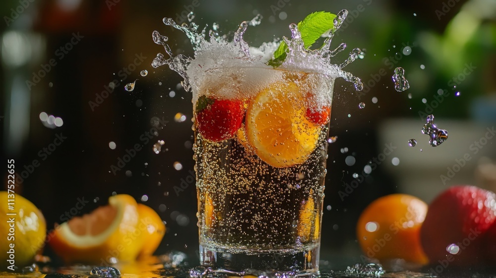 Poster refreshing citrus beverage with bubbles and splashing action
